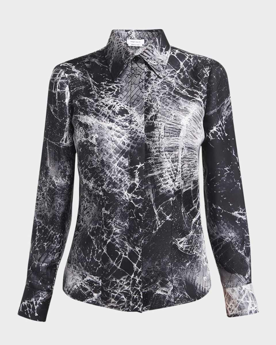 Smashed Screen Print Button Down Silk Blouse